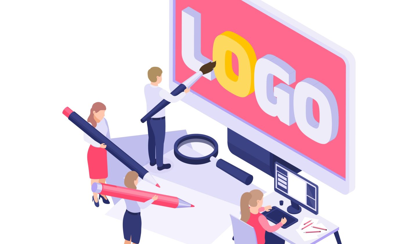 Branding concept icon with people drawing and painting logo 3d vector illustration